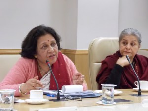 Vandana Jena, left, and Syeda Hameed of the Indian government's national planning commission discuss ways to combat sex-trafficking. Photo by Barbara Borst