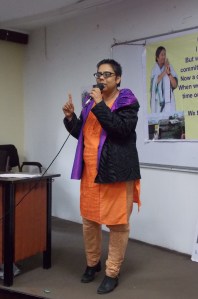 Ruchira Gupta, founder of Apne Aap, talks with families evicted in Kolkata. Photo by Barbara Borst