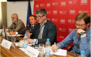 Goran Petrovic, acting head of Serbia’s regulatory body for electronic media (REM), Peter Burkard, OSCE head of mission, Tim Suter, media expert, and Ljubisa Kuvekalovic, REM legal expert, left to right, at an OSCE debate, April 19, 2016. Photo courtesy of OSCE/Milan Obradovic